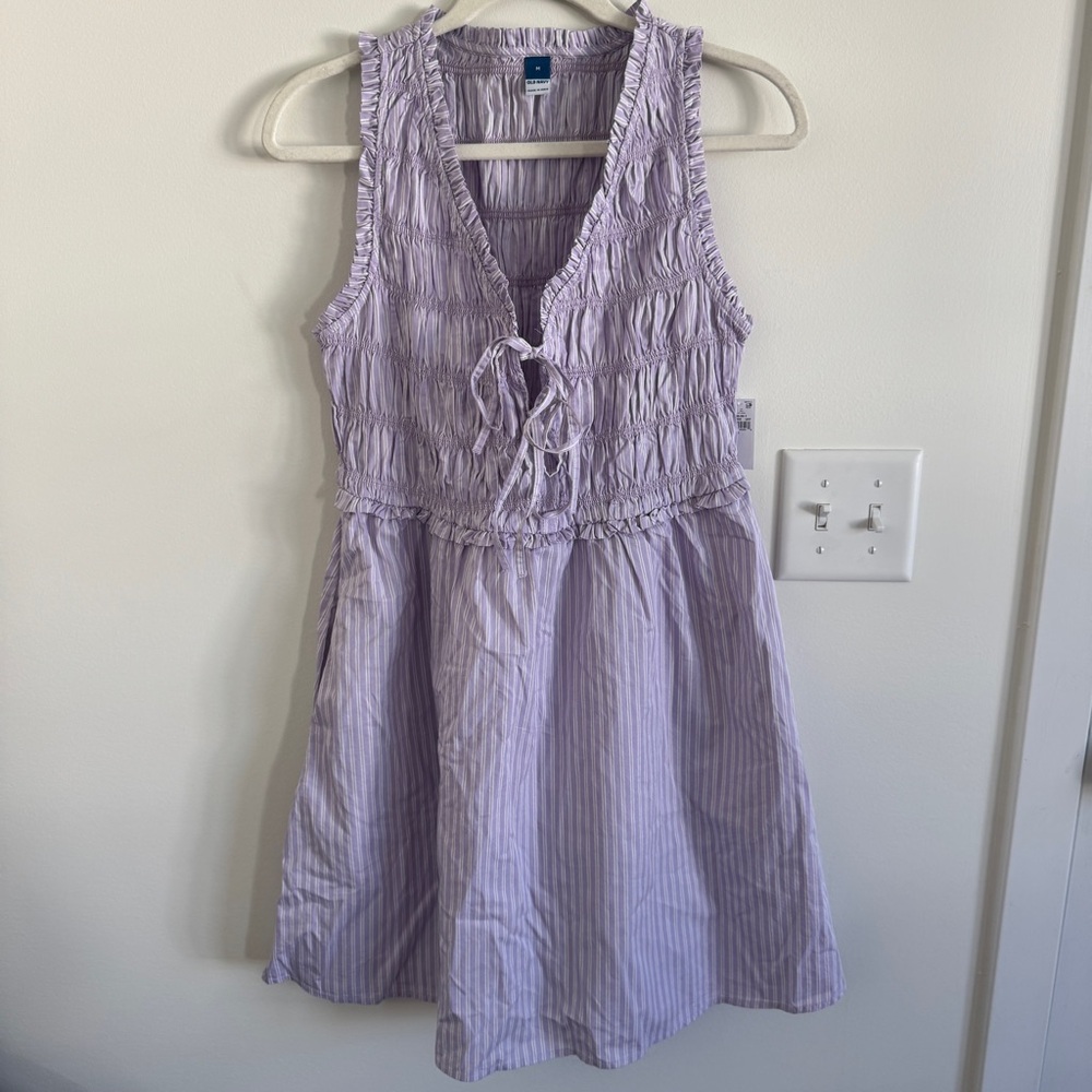 NWT Old Navy Lavender Striped Smocked Tie-Front Dress